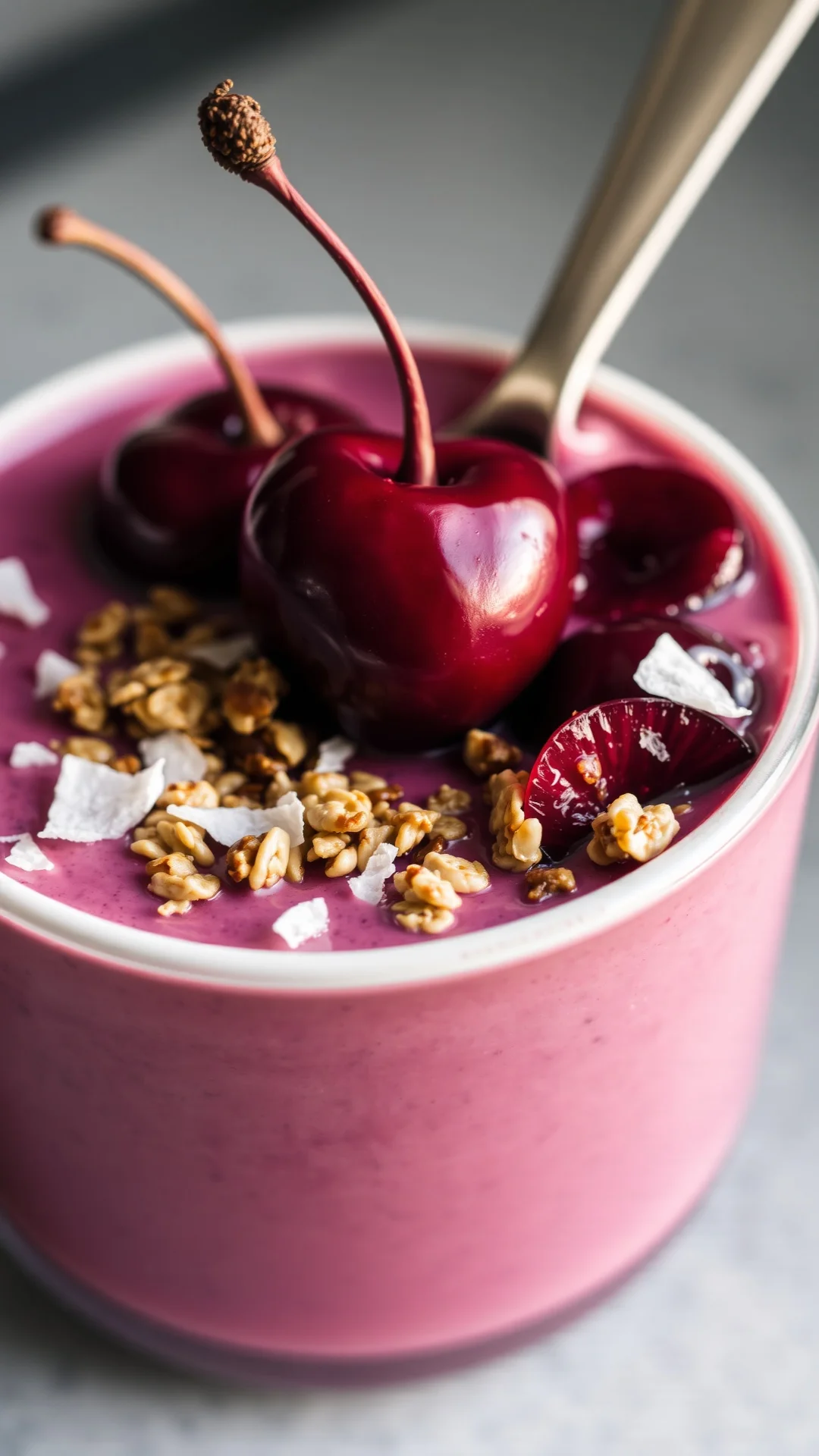 Close-up of vibrant cherry smoothie bowl with granola and coconut flakes, creamy vegan breakfast, natural daylight, fresh fru