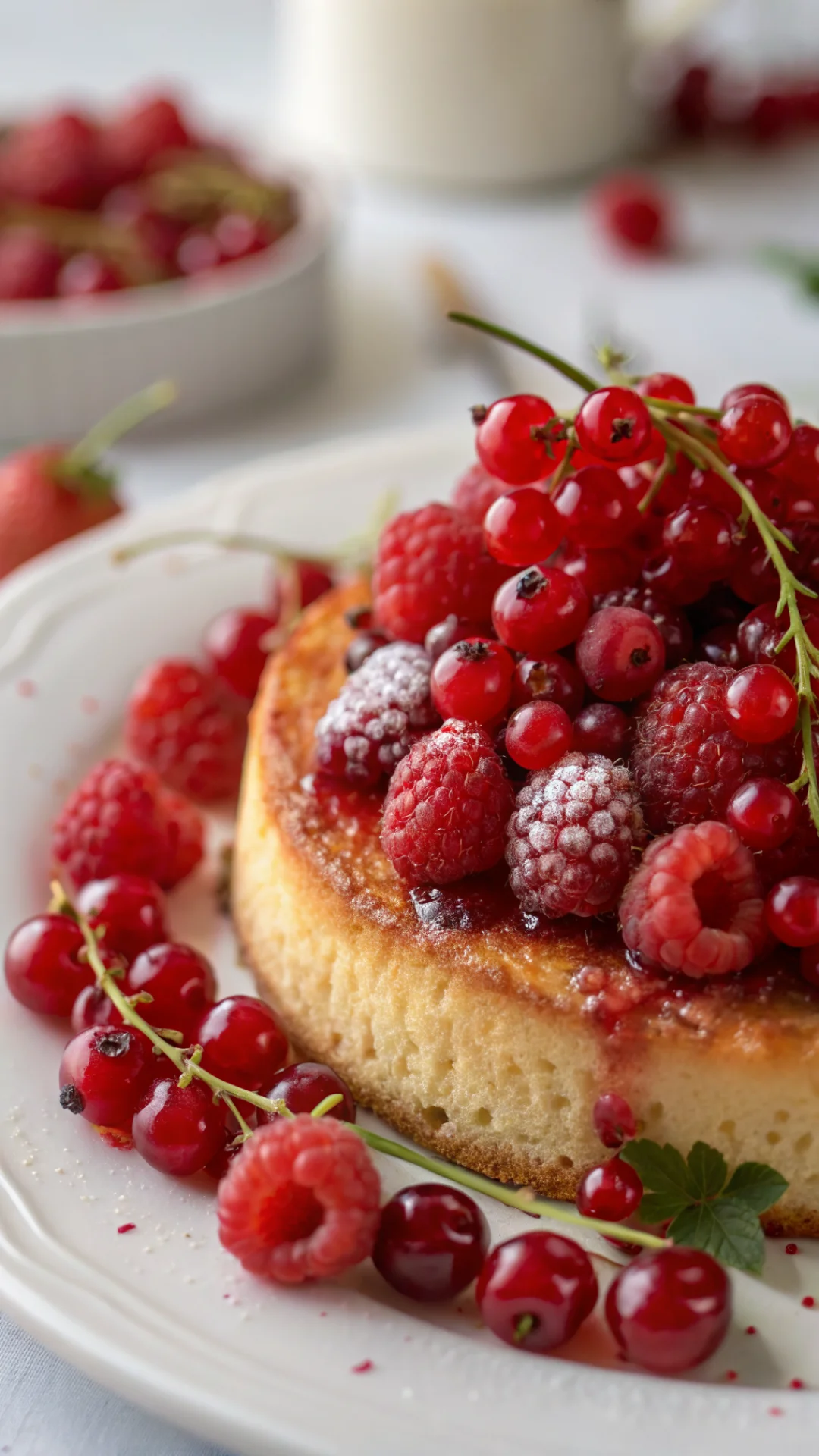 Close-up overhead shot of fresh red johannisberries glistening on warm yeast cake, bright morning light, macro food photograp