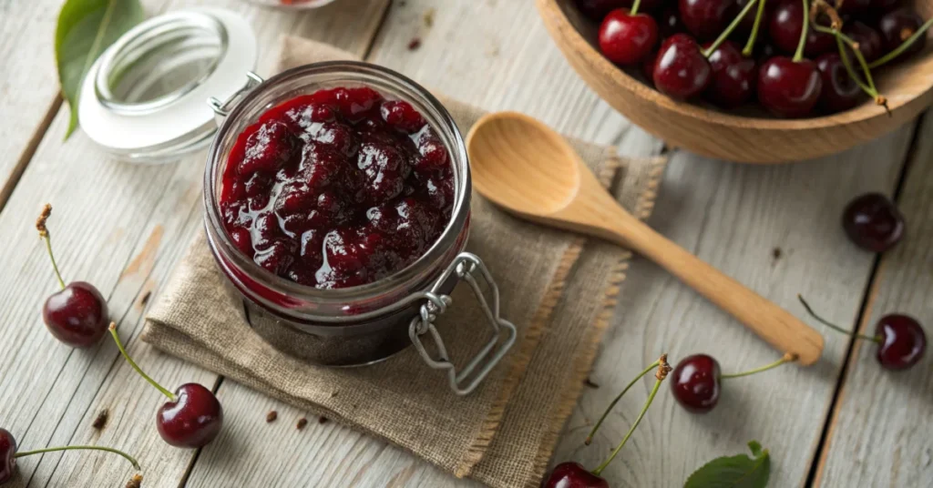 Close-up overhead shot of homemade cherry jam in glass jar, dark red glossy marmalade, fresh cherries scattered around, woode