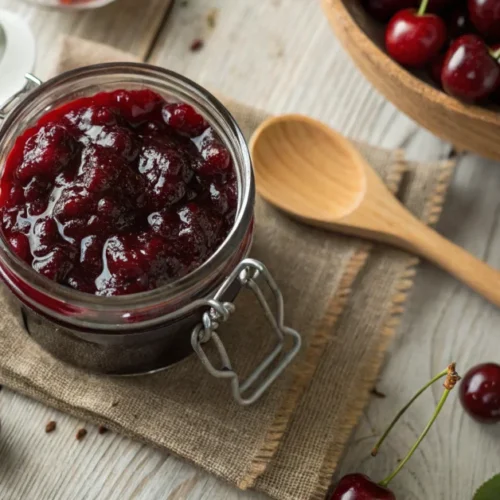 Close-up overhead shot of homemade cherry jam in glass jar, dark red glossy marmalade, fresh cherries scattered around, woode