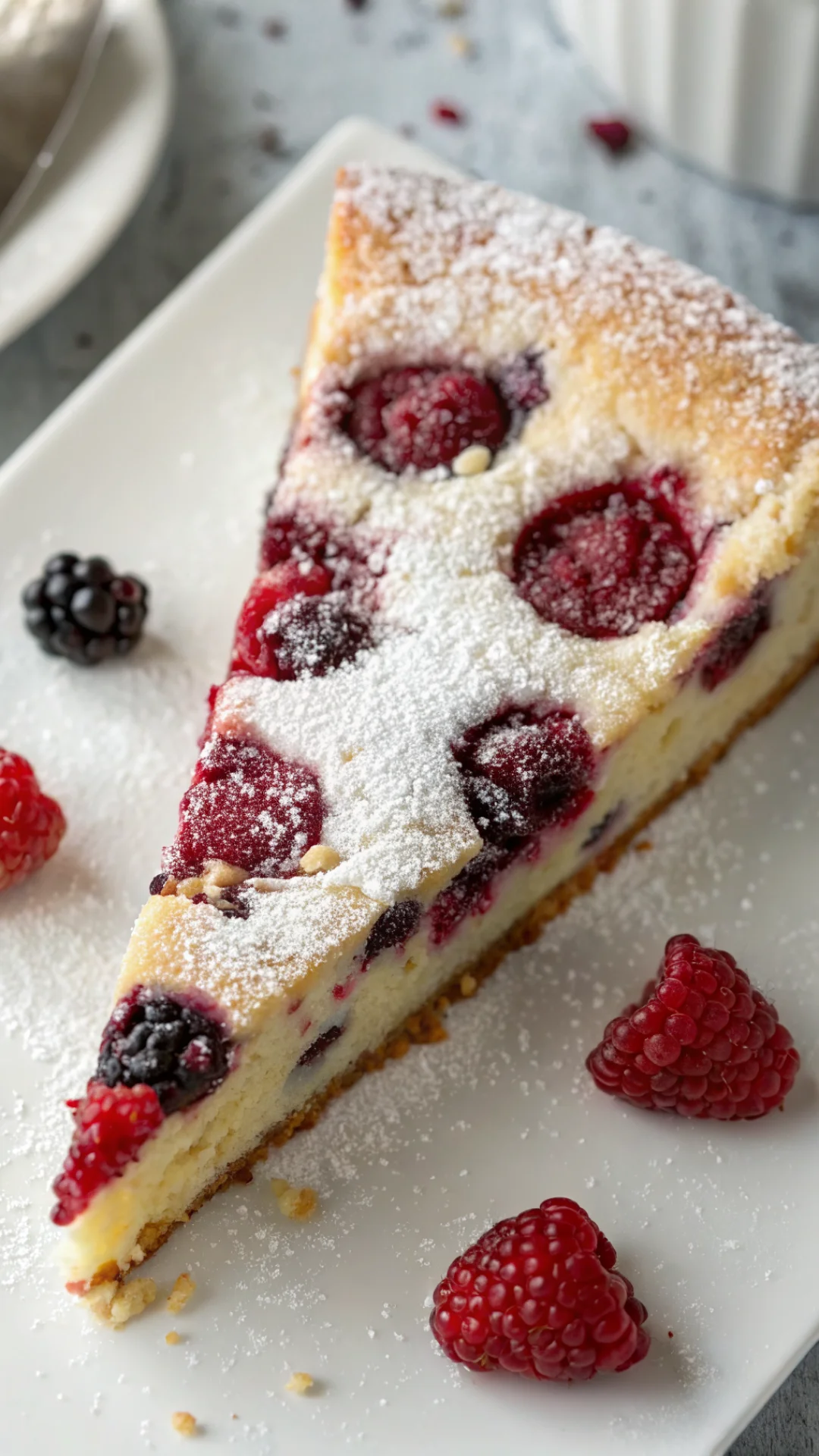 Close-up overhead view of freshly baked Johannisberry cake slice with juicy red berries visible inside, creamy texture, duste