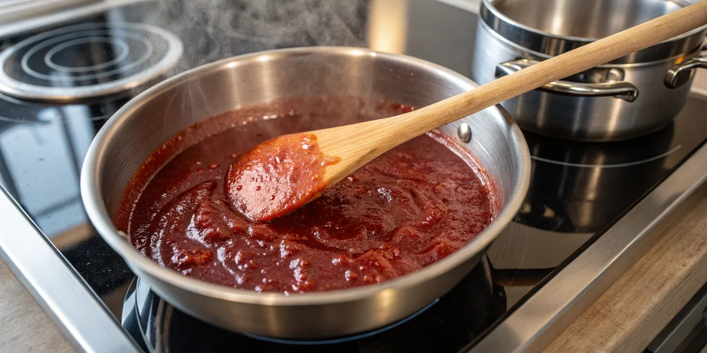 Close-up overhead view of red wine sauce being stirred in a stainless steel saucepan with wooden spoon, showing the glossy, s