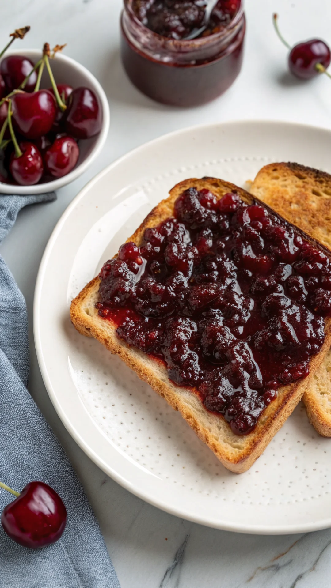 Close-up overhead view of rich dark cherry jam spread on warm toast, glistening glossy texture, fresh cherries beside the pla