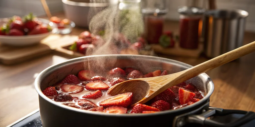 Close-up photo of cooking process, strawberries bubbling in a pot with wooden spoon, steam rising, kitchen setting, warm ligh