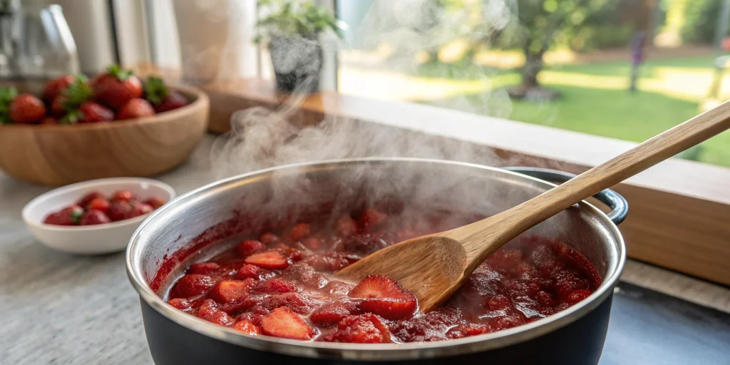 Close-up photo of strawberry jam cooking process in a Thermomix bowl, steam rising, bubbling red mixture, wooden spoon, kitch