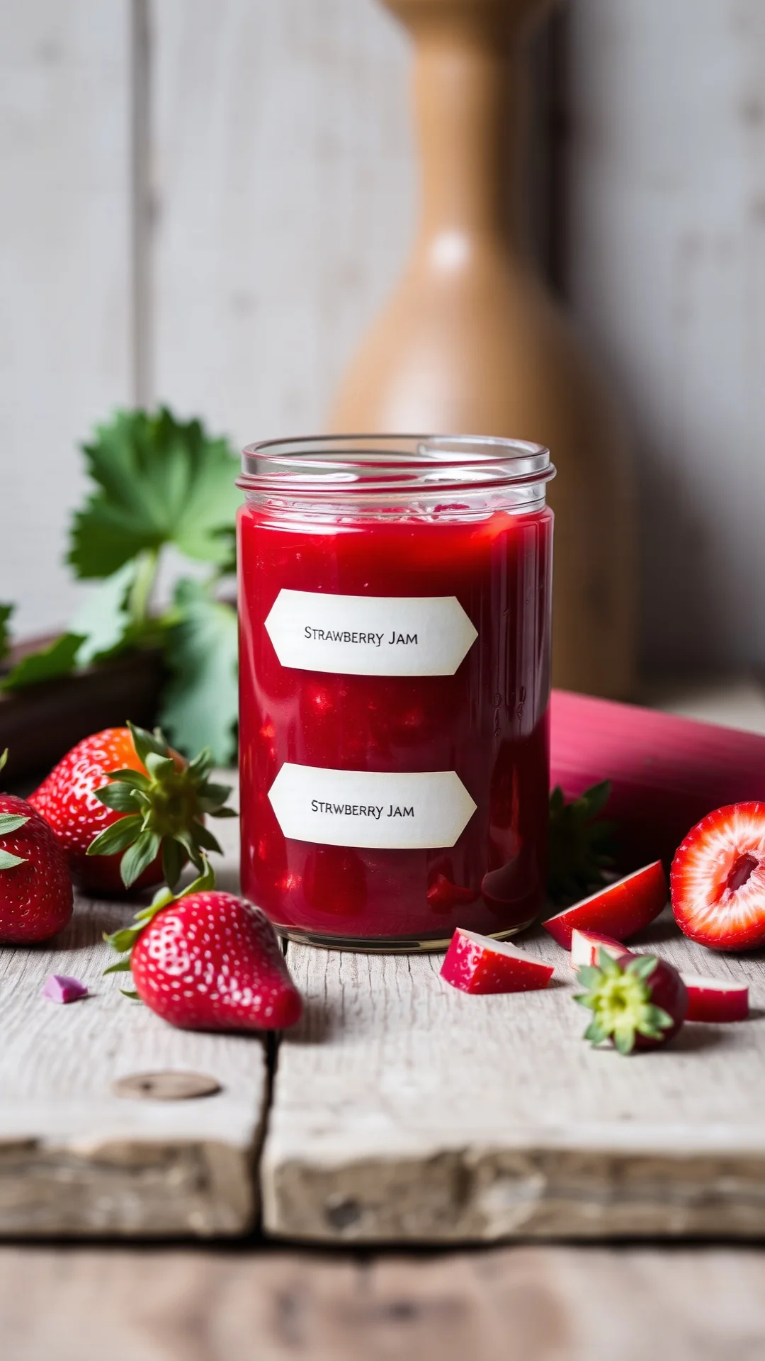 close-up portrait of a classic strawberry rhubarb jam in a glass jar on rustic wooden table, vibrant red color, fresh strawbe