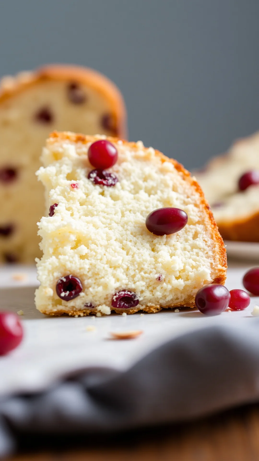 Close-up portrait of a slice of almond flour cake with red currants on top, fluffy texture, natural daylight, professional fo