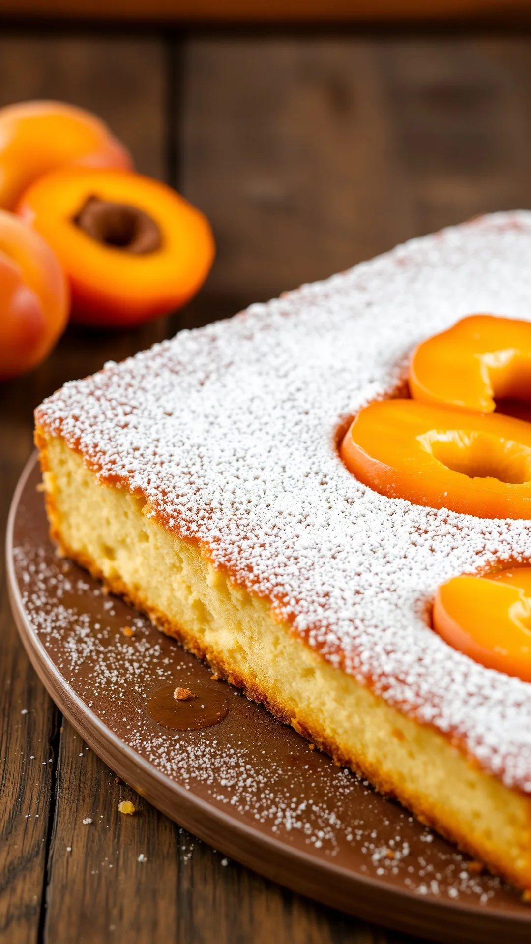 Close-up portrait of classic apricot sheet cake on rustic wooden table, golden sponge base topped with halved apricots, duste