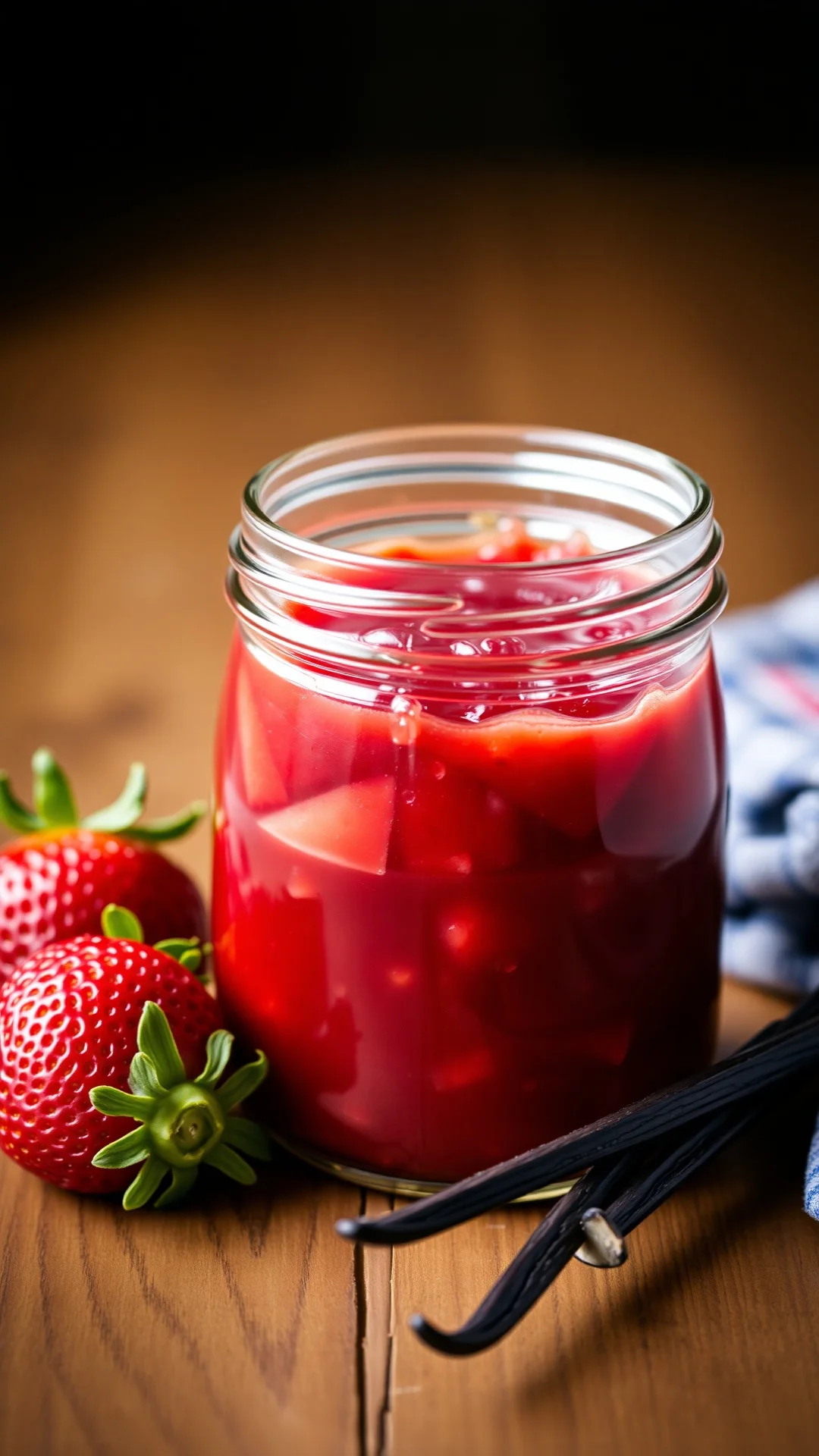 Close-up portrait of classic strawberry vanilla jam in a glass jar with fresh strawberries and vanilla pods on wooden backgro