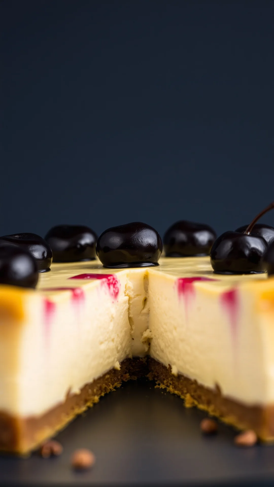 Close-up portrait of creamy cheesecake with dark cherries on top, golden crust visible, professional food photography, studio