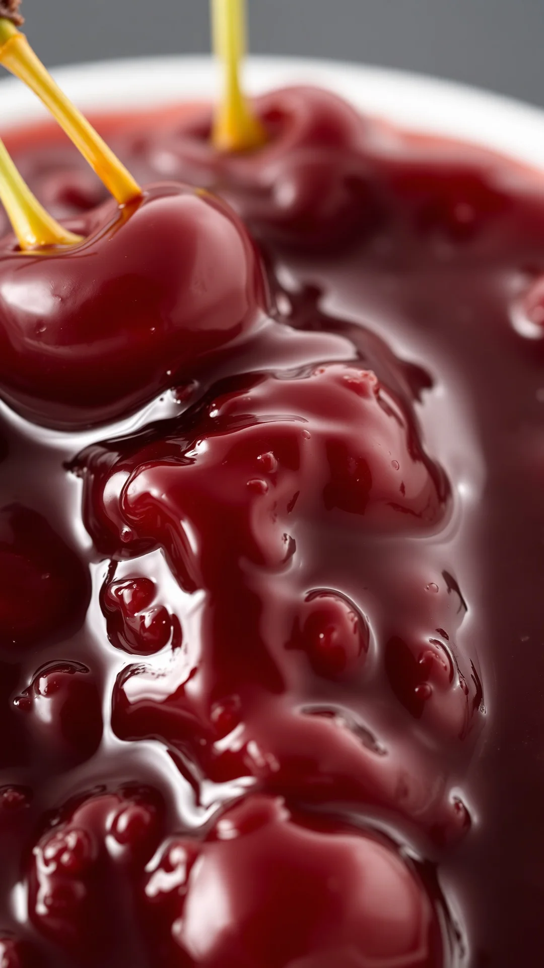 Close-up portrait of dark cherry jam with dark rum, shiny glossy texture, fresh ripe cherries, food photography, studio light