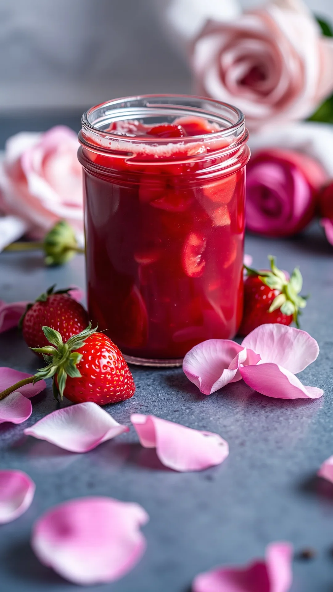 Close-up portrait of elegant strawberry rose jam with pink rose petals scattered around glass jar, soft pastel romantic styli