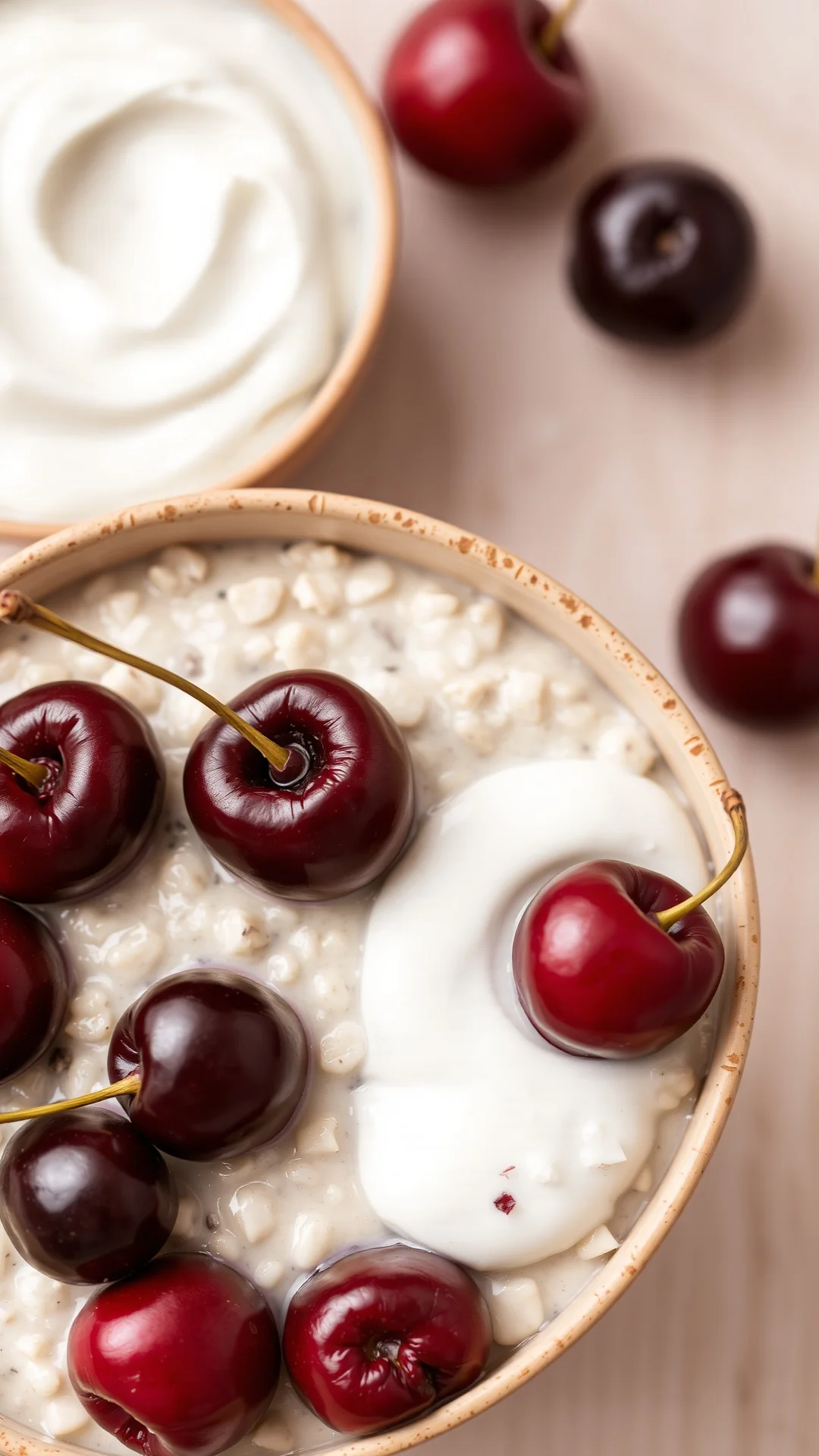 Close-up portrait of overnight oats with fresh dark red cherries and creamy yogurt, morning breakfast flatlay
