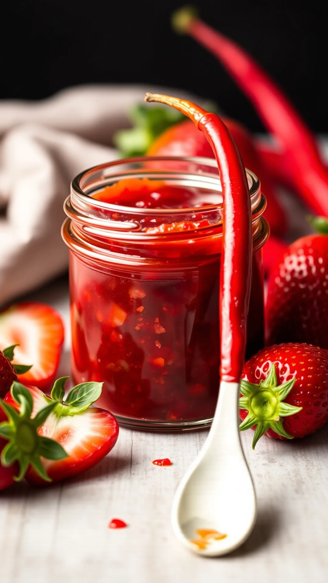 Close-up portrait of spicy strawberry chili jam in a small jar with red chili peppers alongside fresh strawberries, vibrant b