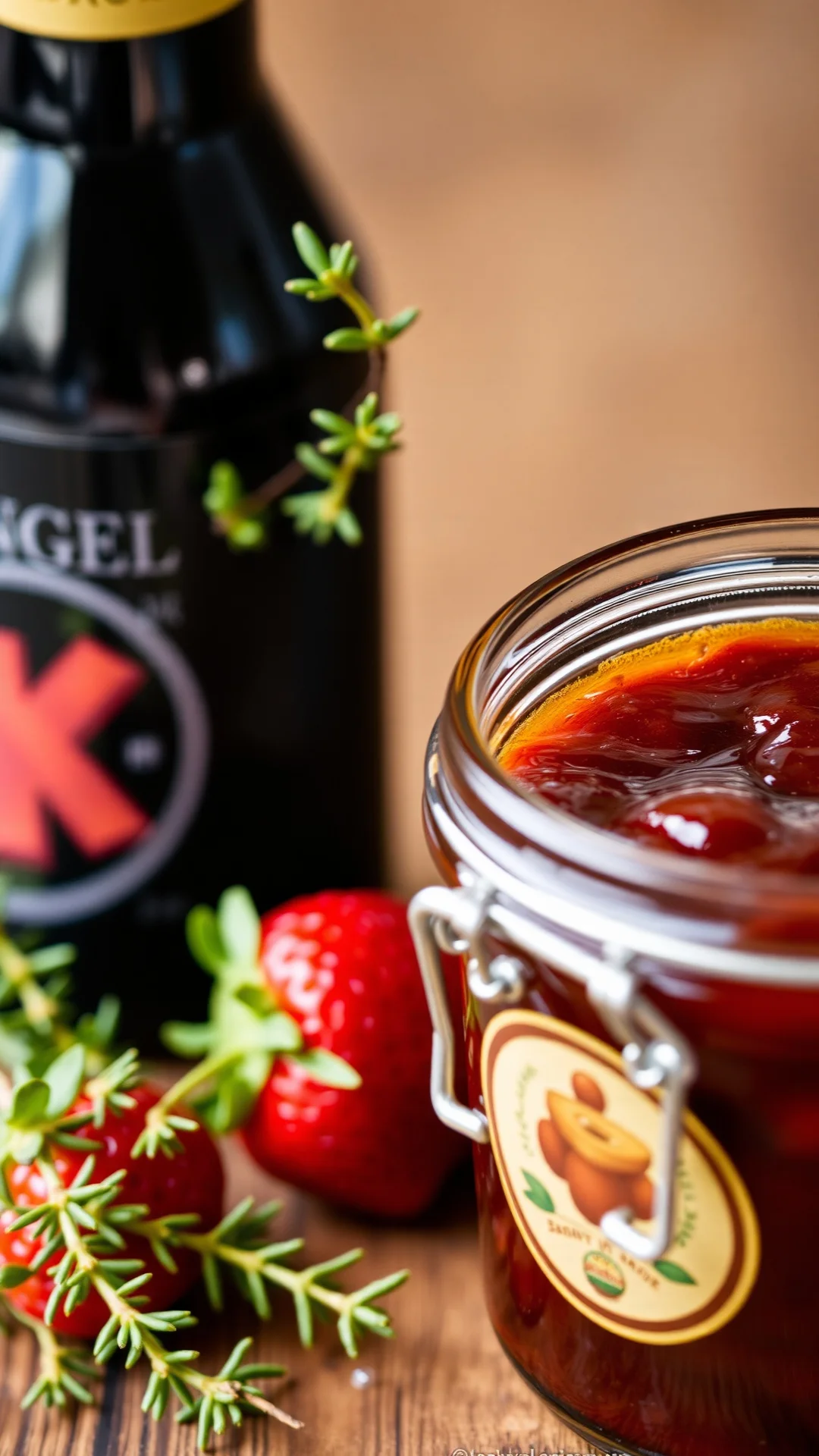 Close-up portrait of strawberry balsamic jam with fresh thyme sprigs and dark balsamic vinegar bottle, rustic Italian country