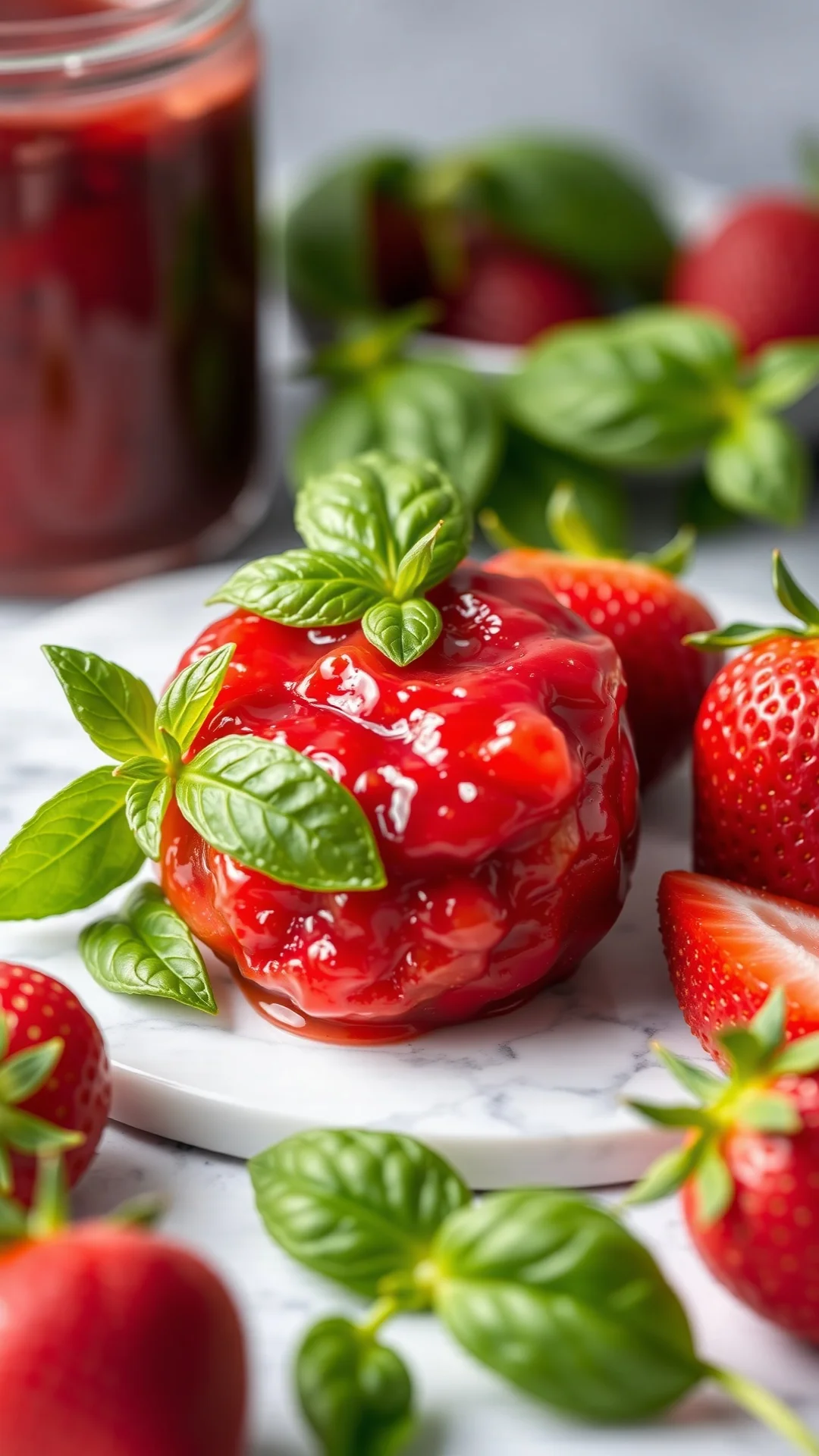 Close-up portrait of strawberry basil jam with fresh green basil leaves and ripe red strawberries on white marble surface, br