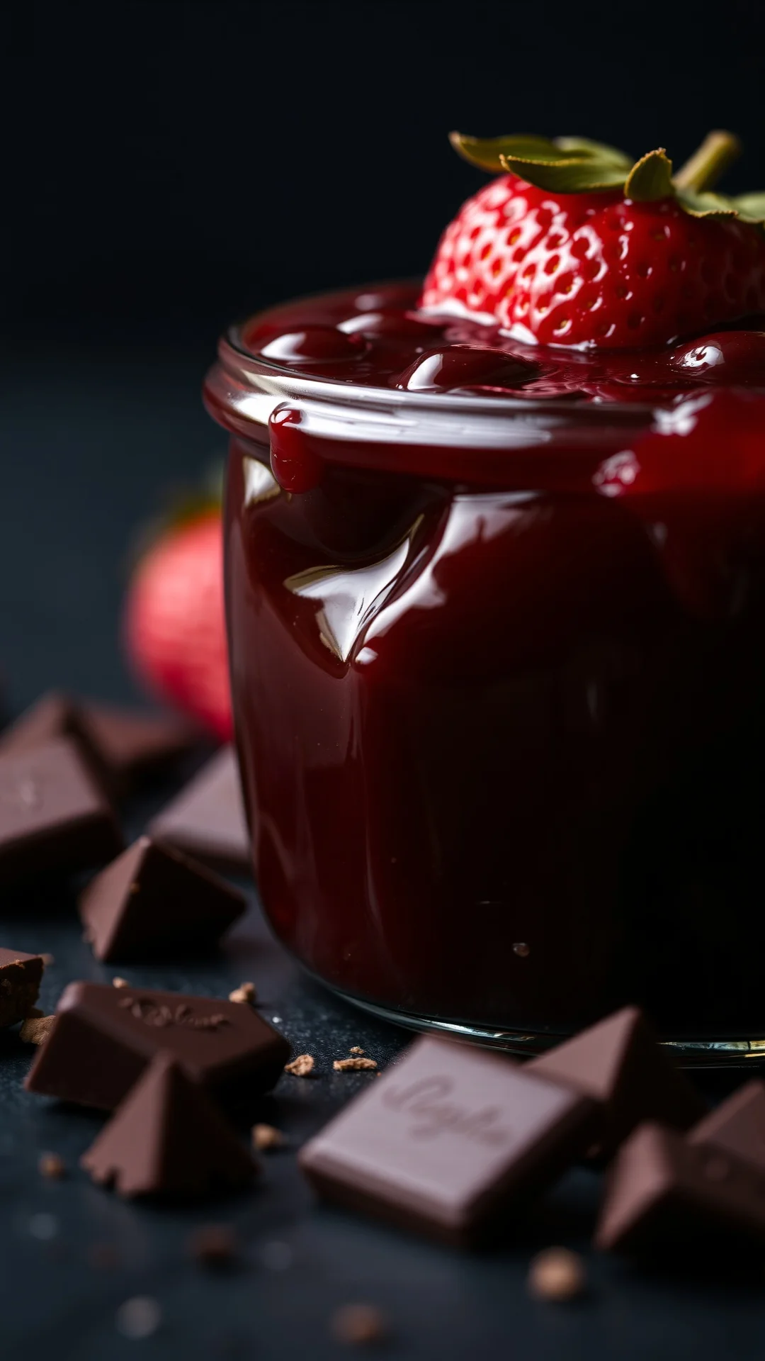 Close-up portrait of strawberry chocolate jam with dark chocolate pieces scattered around, rich glossy texture, moody dark ba