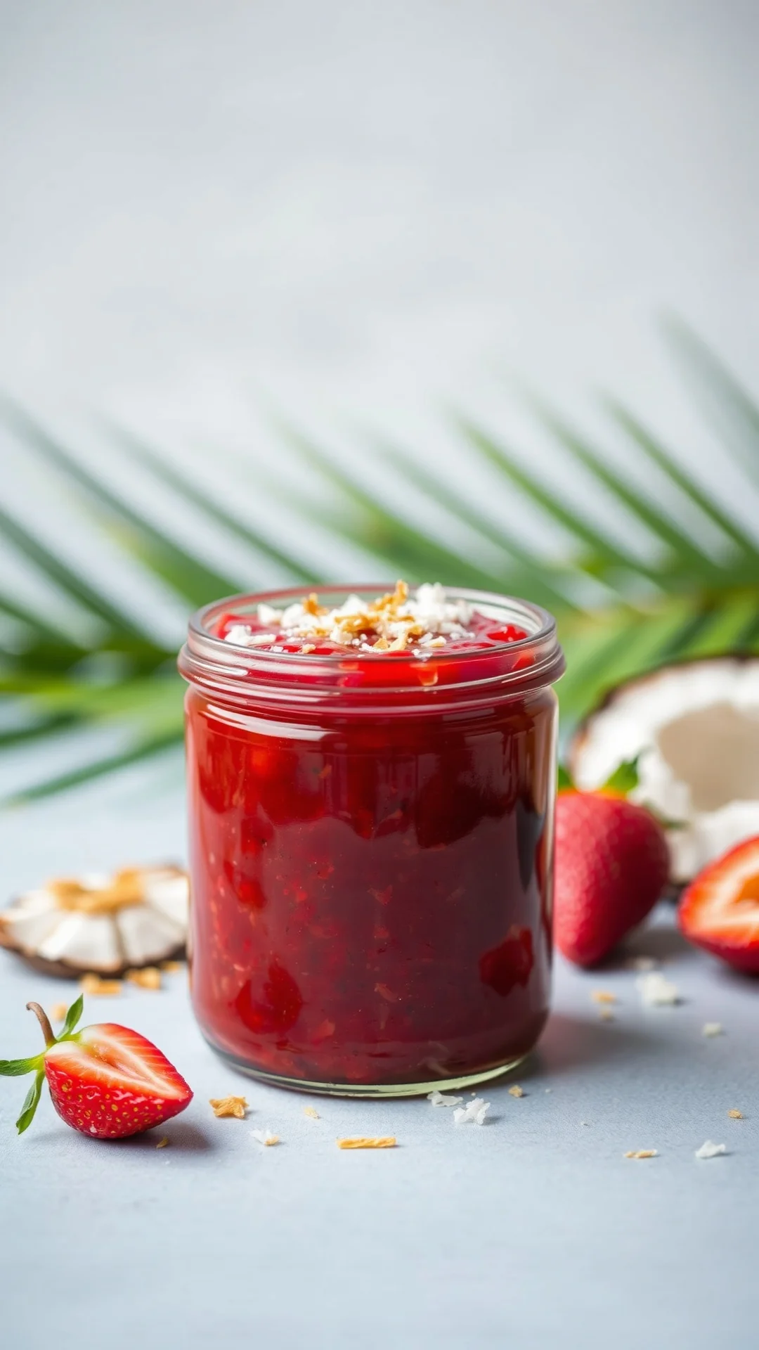 Close-up portrait of strawberry coconut jam in a rustic jar with toasted coconut flakes and fresh strawberries, tropical styl
