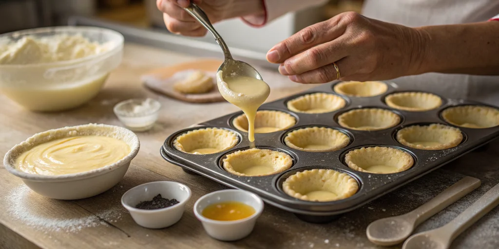 Close-up professional food photography showing the process of making pastéis de nata, hands filling pastry shells with custa