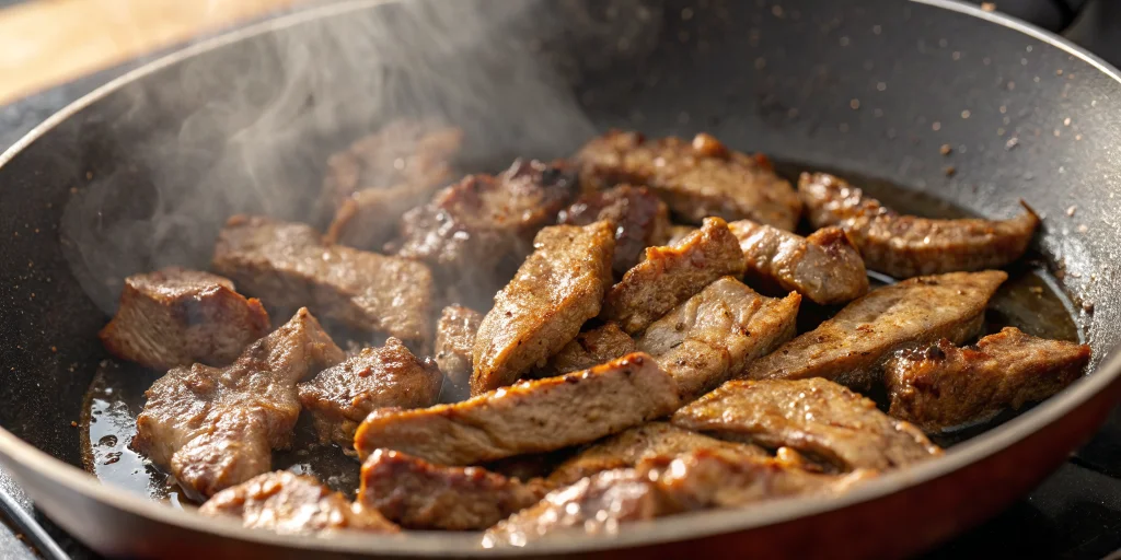 Close-up shot of beef strips being seared in a hot pan with golden-brown caramelization, showing the cooking process of Rinde