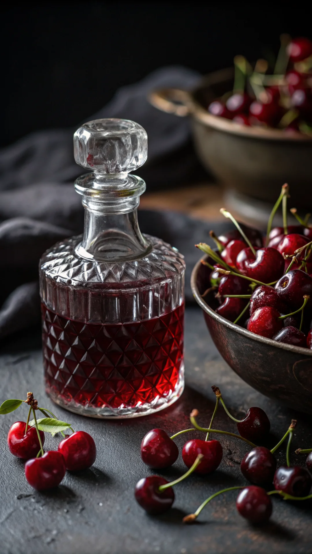 Close-up shot of rich burgundy cherry liqueur in vintage glass jar, fresh Bing cherries arranged artfully around, dark moody