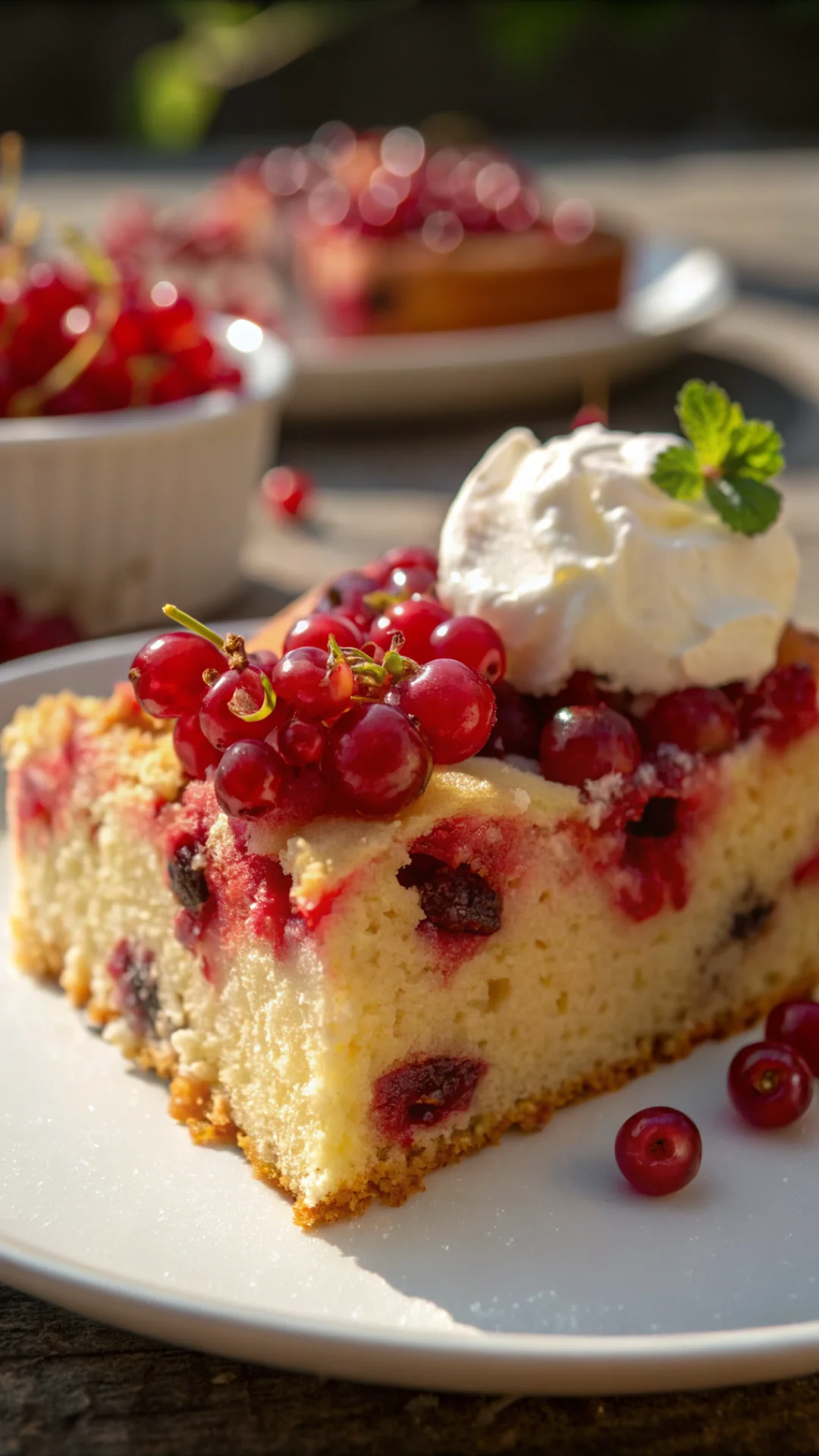 Close-up slice of red currant cake, moist sponge texture, juicy berries, fresh whipped cream, macro food photography, warm su