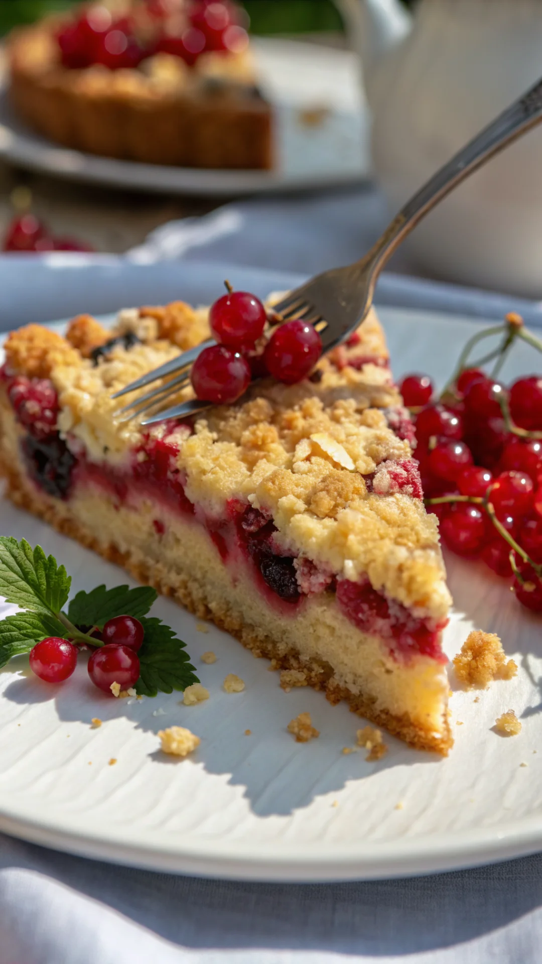 Close-up slice of red currant streusel cake with juicy berries and golden crispy crumbs on top, fork inserted, natural daylig