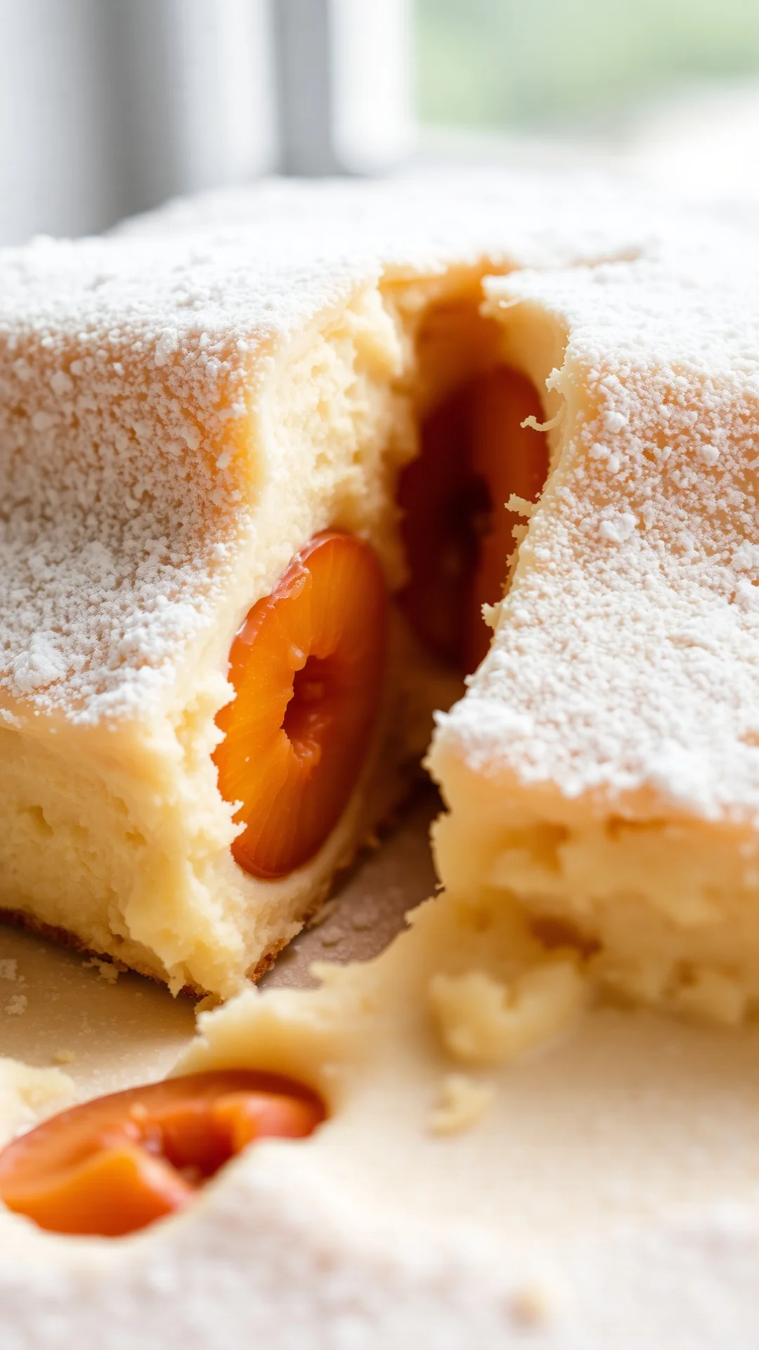 Close-up vertical photo of moist apricot quark sheet cake, fluffy creamy texture, apricot halves pressed into batter, soft po
