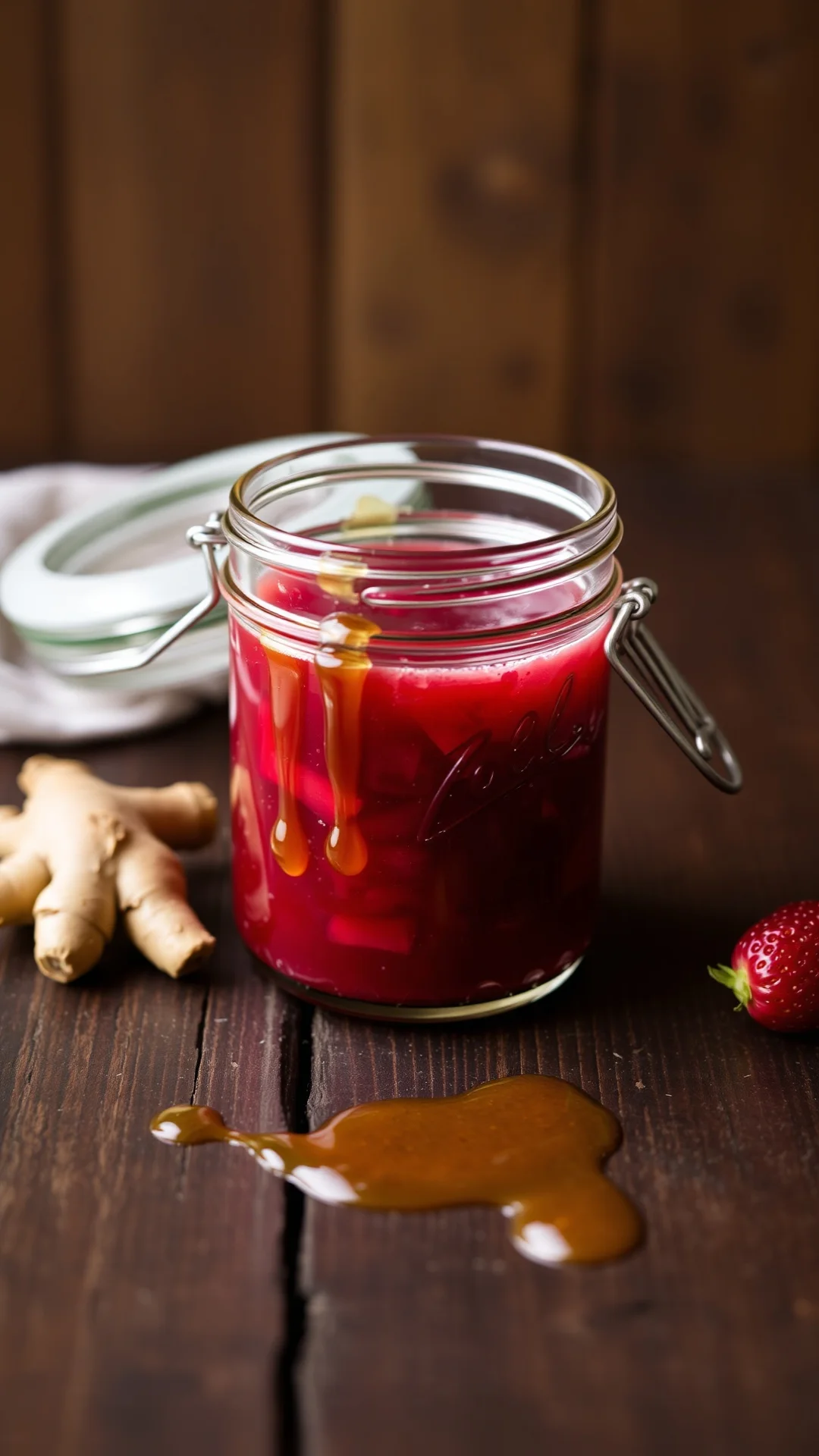 close-up vertical portrait of rhubarb strawberry ginger jam with elderflower syrup drizzle, dark rustic wood table, fresh gin