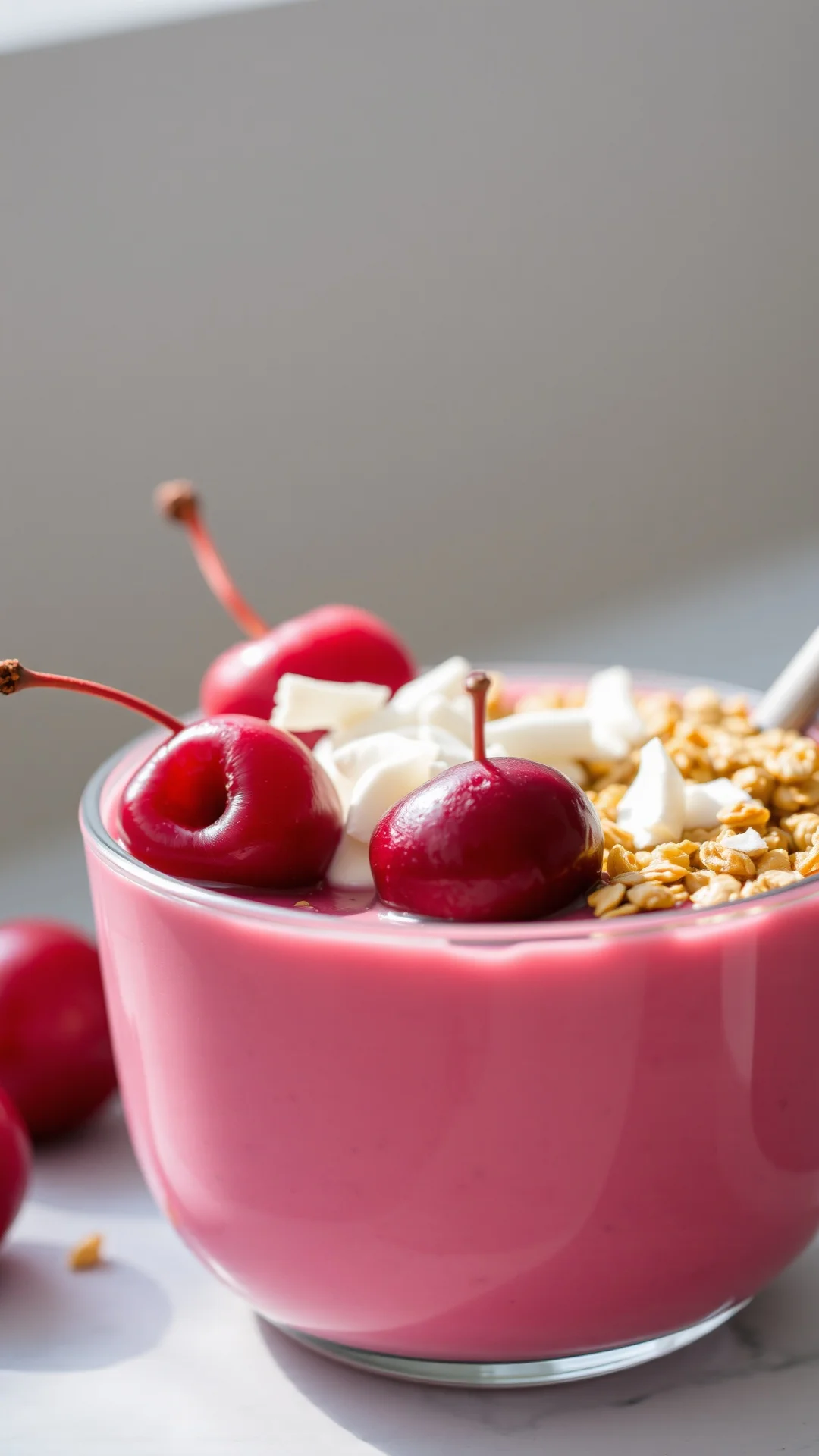 Close-up vibrant smoothie bowl with frozen cherries, Greek yogurt, granola, and coconut flakes, morning light, refreshing and