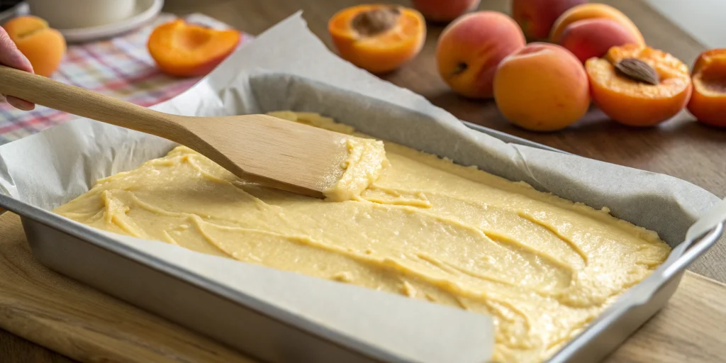 Close-up view of cake batter being spread evenly on a baking sheet lined with parchment paper, wooden spatula smoothing the p