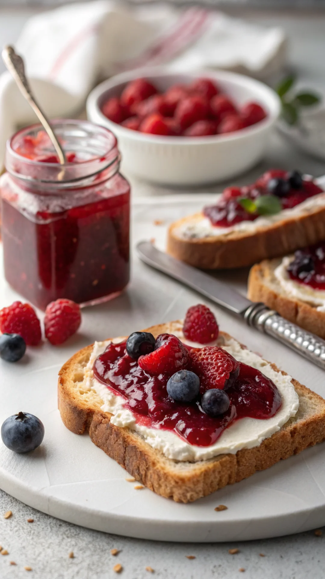 Close-up view of creamy cherry jam spread on warm toast with fresh berries and jam jar background in morning light.