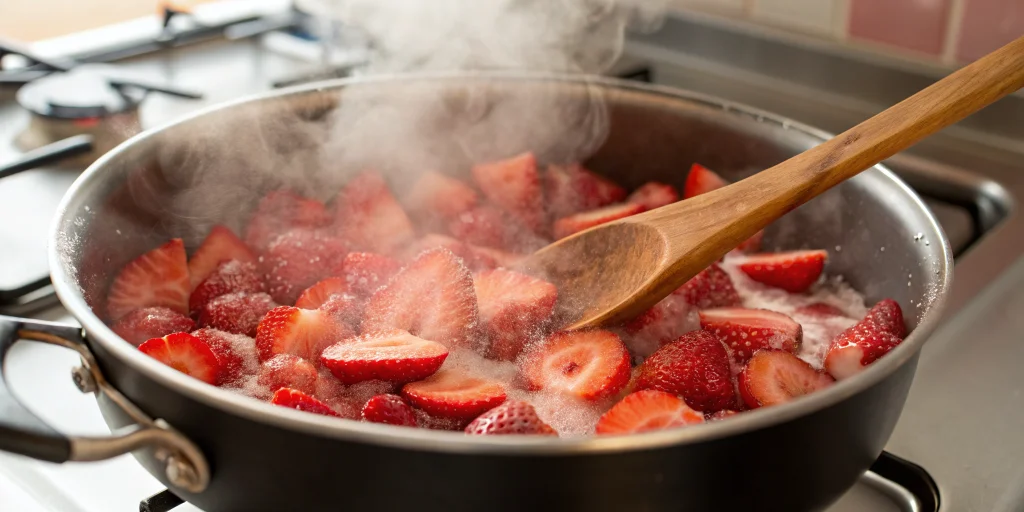 Close-up view of frozen strawberries being cooked in a large pot, steam rising, berries starting to break down and release ju