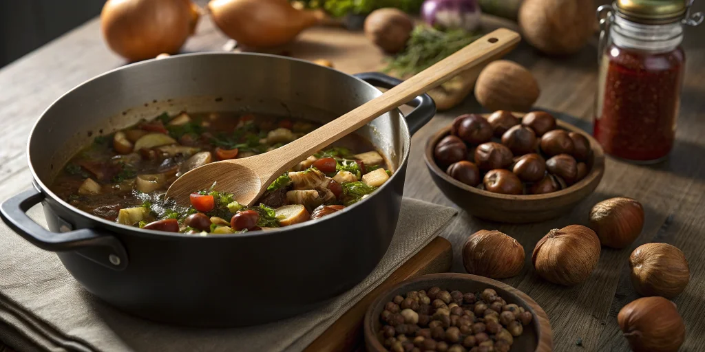 Cooking process of chestnut soup, sautéed vegetables and chestnuts in a large pot, wooden spoon stirring, warm kitchen light