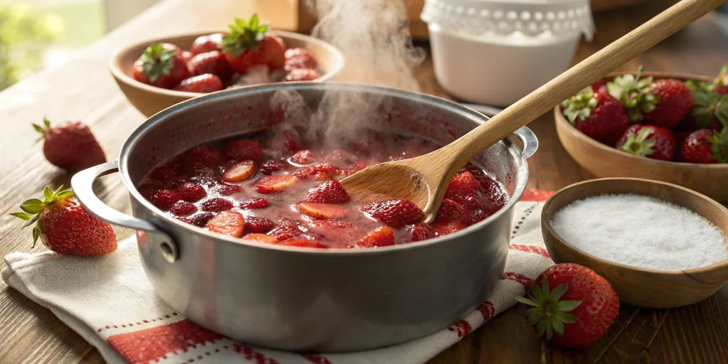 Cooking process of strawberry jam, large pot with bubbling red strawberry mixture, wooden spoon stirring, steam rising, fresh