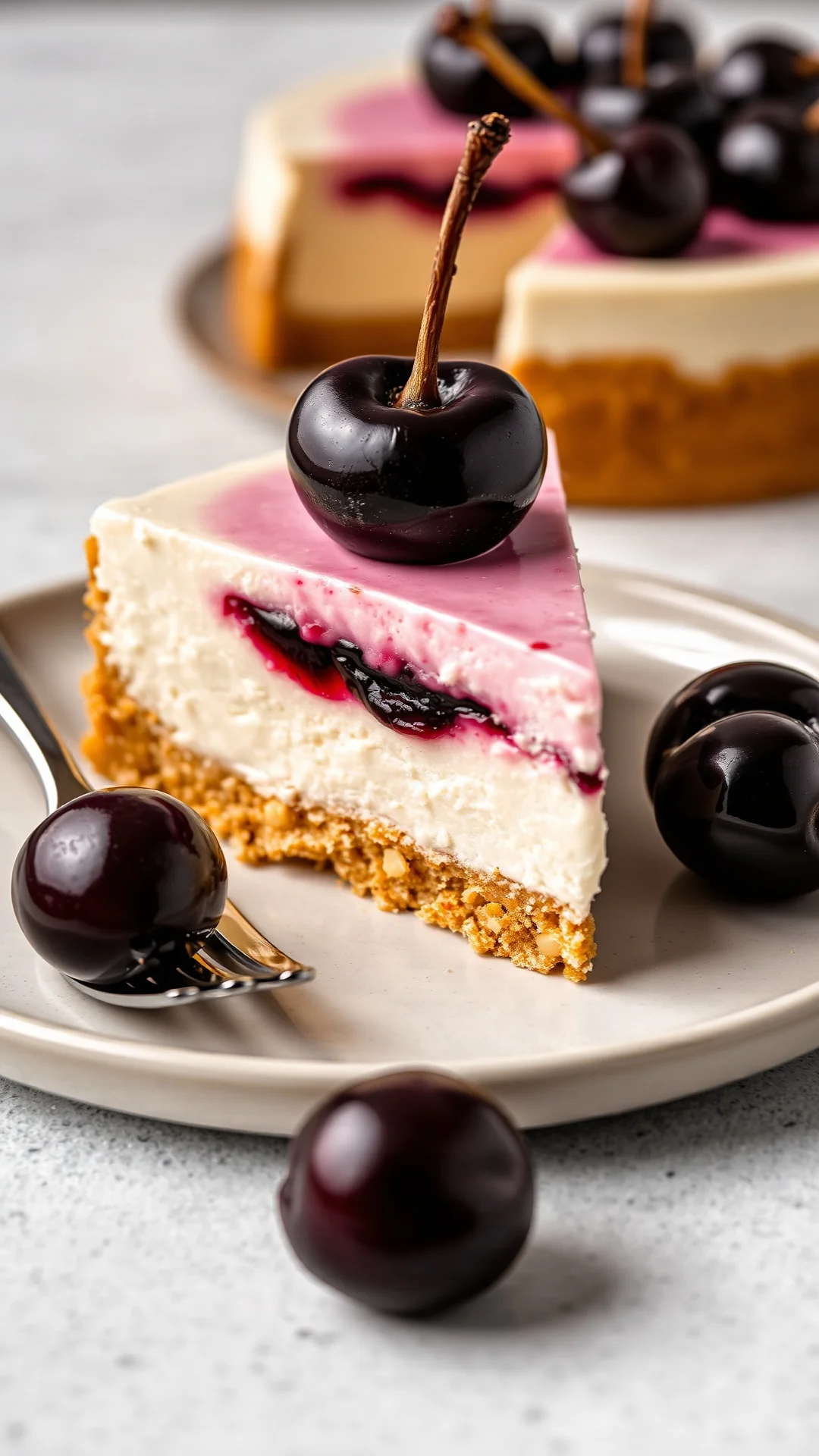 Creamy cherry cheesecake slice, golden crumb base, thick filling, dark cherries on top, fork beside, portrait orientation, el