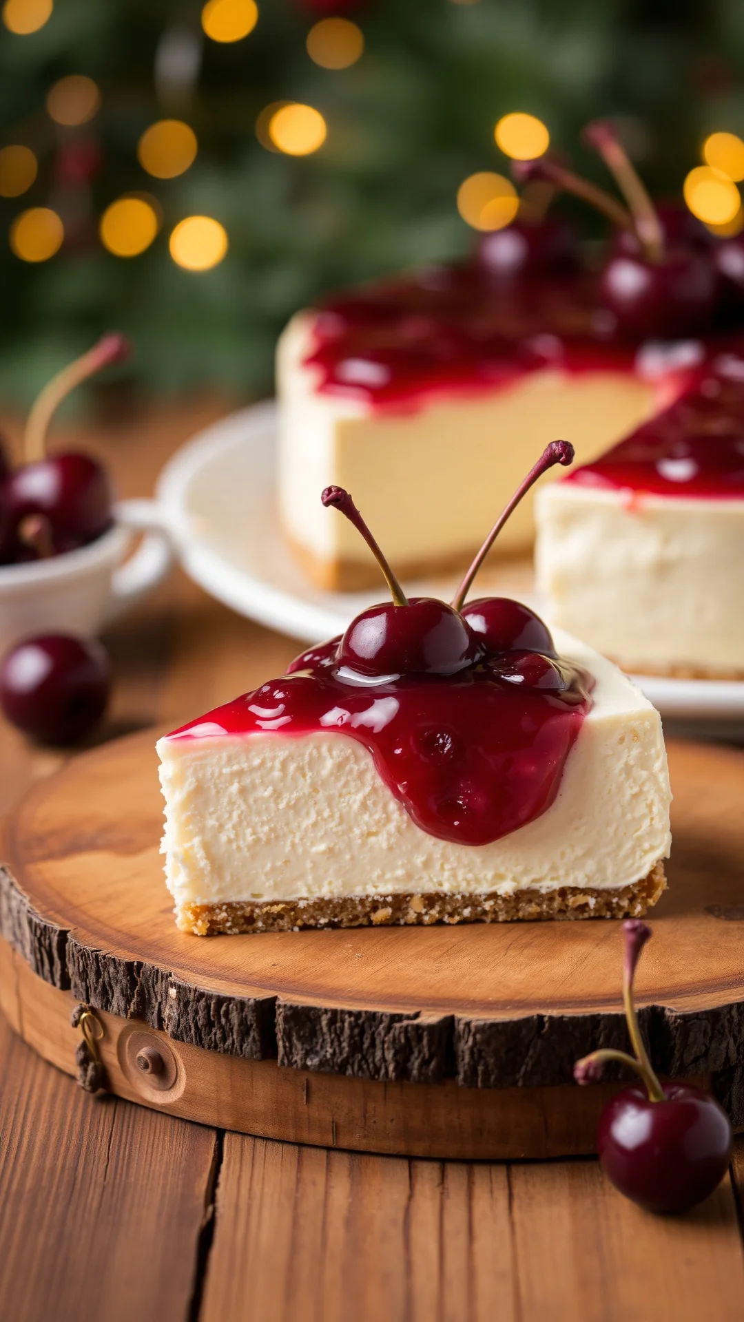 Creamy cherry vanilla cheesecake slice with red cherry compote topping, rustic wooden board, festive background lighting
