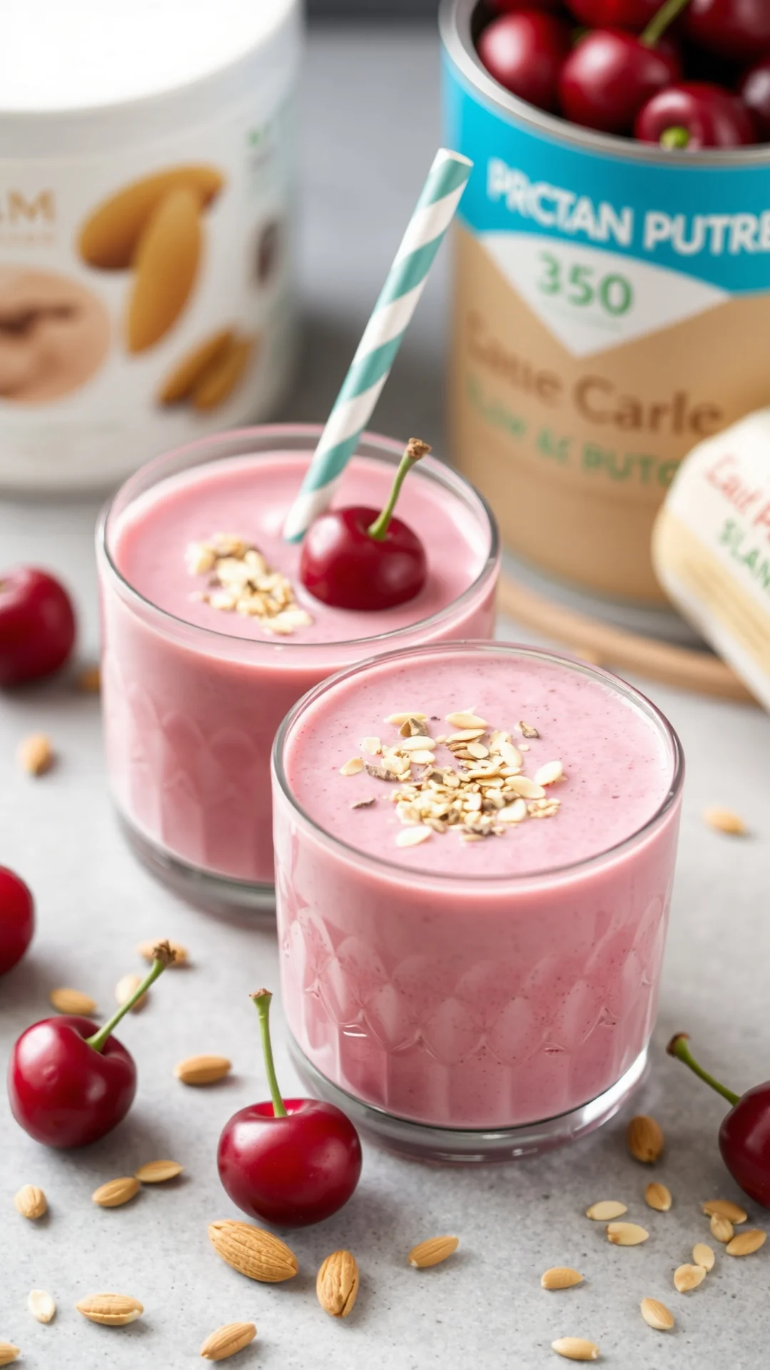 Creamy low-carb cherry smoothie with almond butter and protein powder, topped with seeds, nutritious drink photography