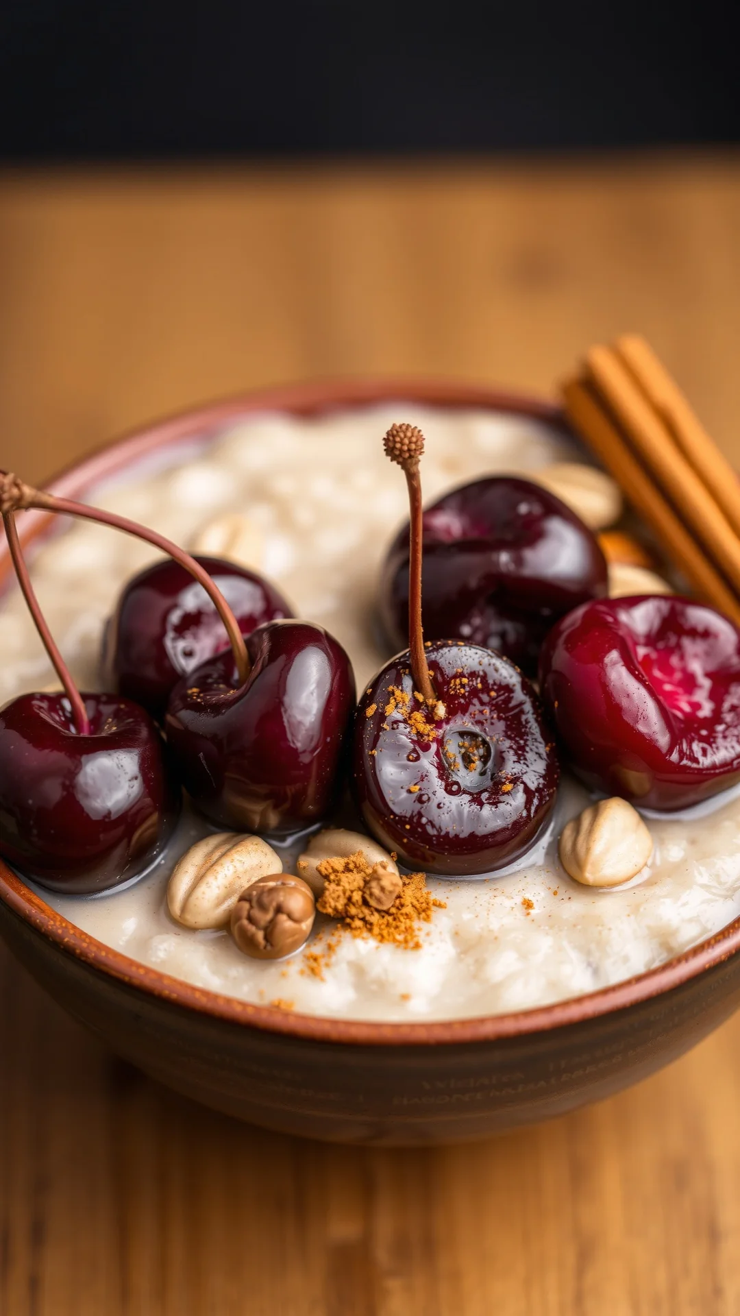 Creamy oat bran porridge topped with fresh cherries, hazelnuts and cinnamon powder