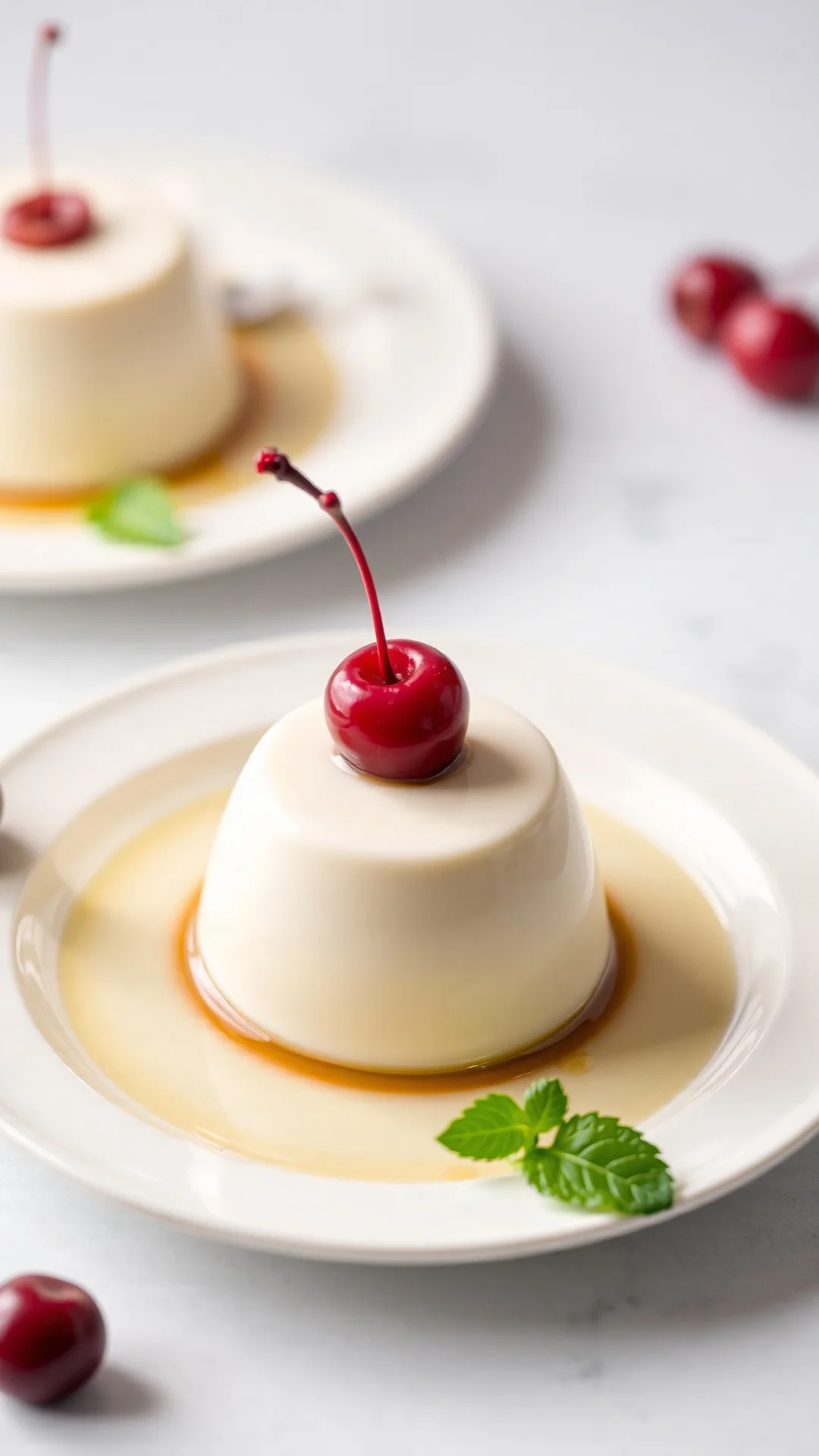 Creamy panna cotta-style dessert with fresh cherries on top, elegant plating, Italian dessert, soft lighting, food styling, g