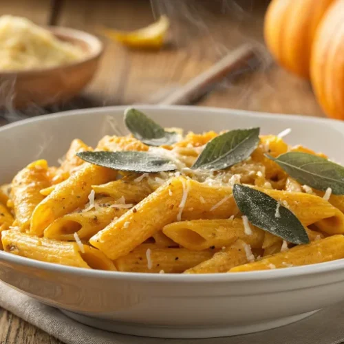 Creamy pumpkin pasta in a white bowl, perfectly plated with golden orange sauce coating penne pasta, garnished with crispy sa