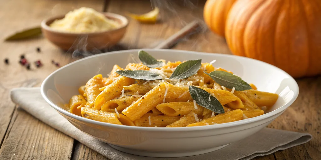 Creamy pumpkin pasta in a white bowl, perfectly plated with golden orange sauce coating penne pasta, garnished with crispy sa