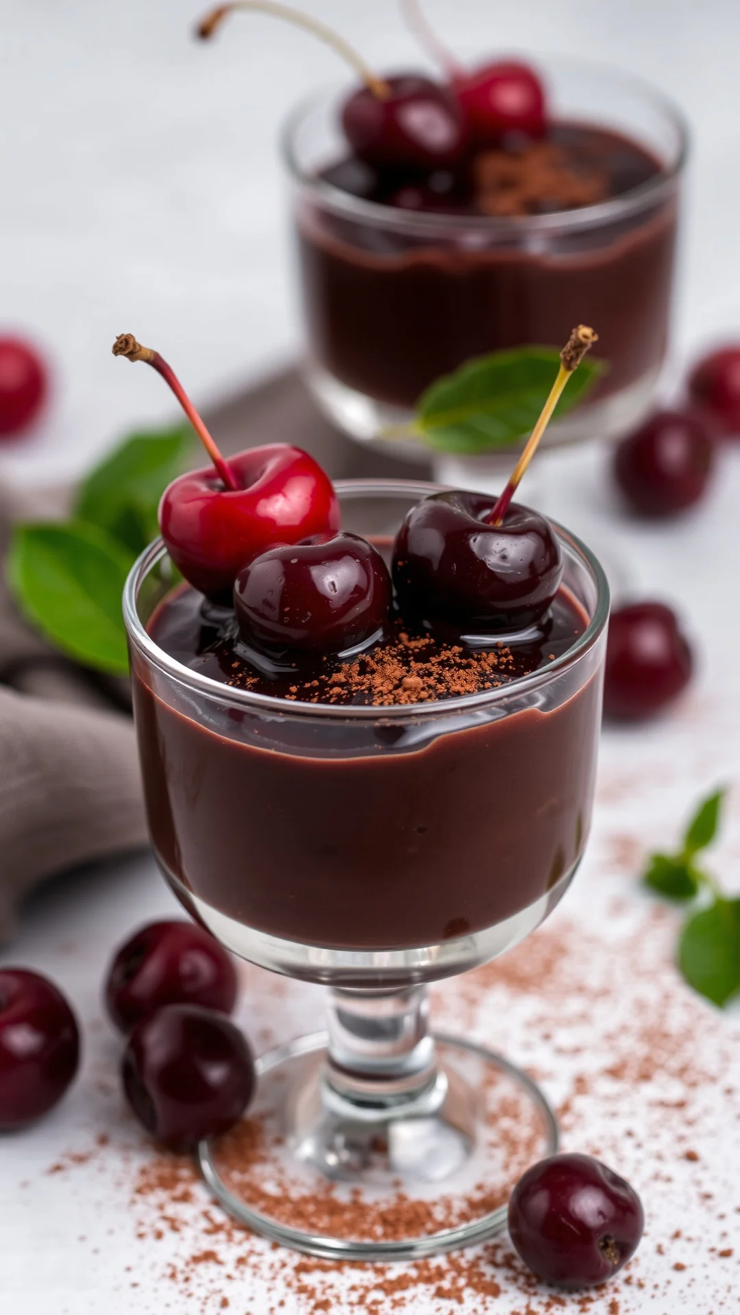 Dark chocolate cherry cream dessert in glass, glossy chocolate layer topped with glossy cherry compote, garnished with whole