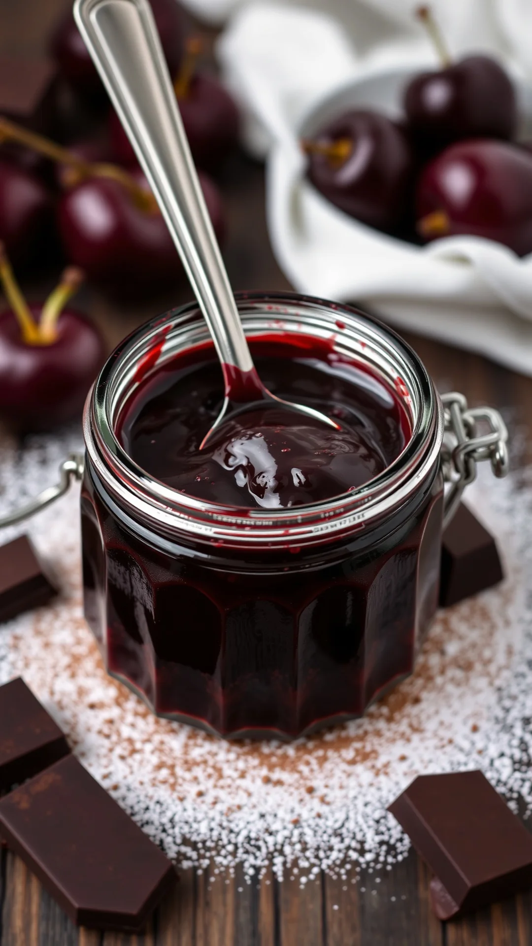 Dark chocolate cherry marmalade, rich brown-burgundy color, open glass jar with spoon, cocoa powder dusted around, dark choco
