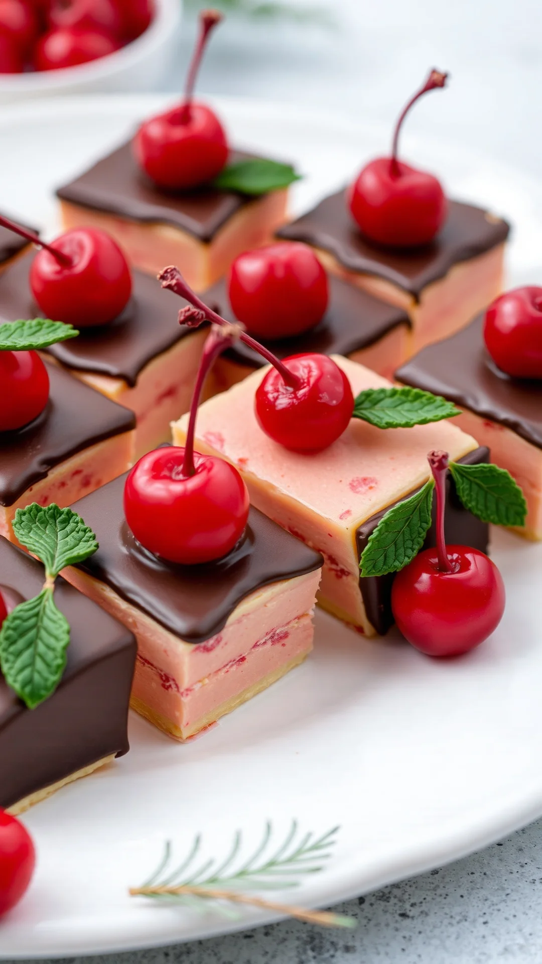 Delicate cherry marzipan squares with chocolate coating and candied cherry garnish, arranged on white plate, Christmas style
