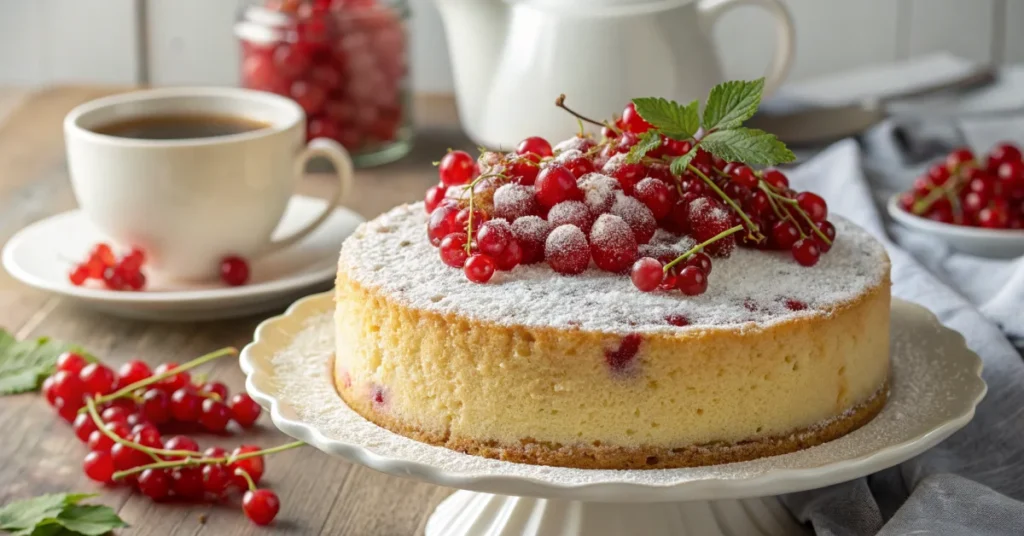 Delicious German red currant cake with fluffy sponge cake base, decorated with bright red fresh currants on top, dusted with