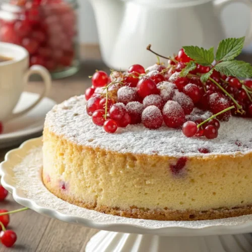 Delicious German red currant cake with fluffy sponge cake base, decorated with bright red fresh currants on top, dusted with