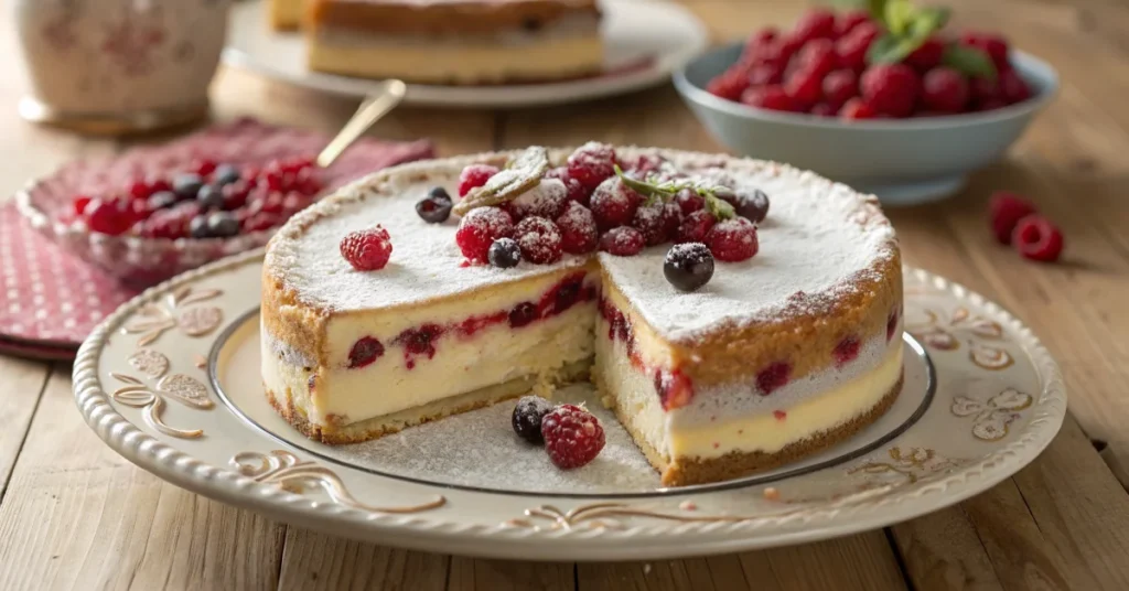 Delicious German red currant quark cake with berries on top, creamy white filling visible, dusted with powdered sugar, profes