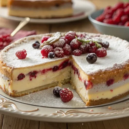 Delicious German red currant quark cake with berries on top, creamy white filling visible, dusted with powdered sugar, profes