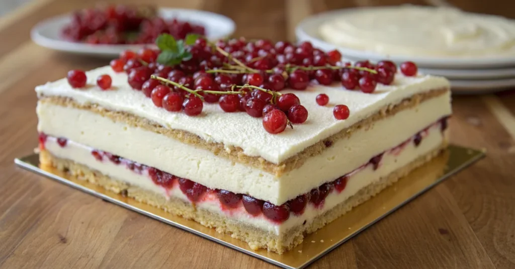 Delicious johannisberry cake with vanilla pudding cream, fresh red currants on top, creamy white filling layers, professional